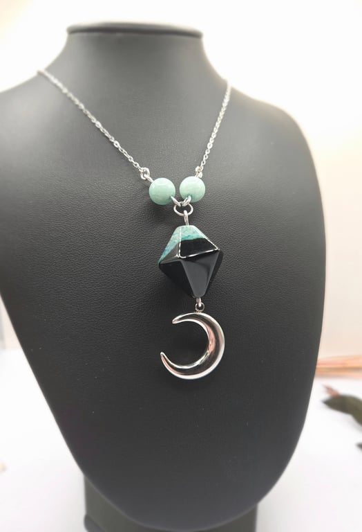 Blue Black Agate Pendant Necklace With Aventurine Beads And Crescent Moon Charm