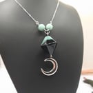 Blue Black Agate Pendant Necklace With Aventurine Beads And Crescent Moon Charm