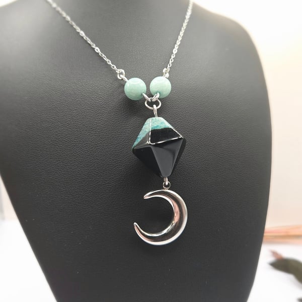 Blue Black Agate Pendant Necklace With Aventurine Beads And Crescent Moon Charm