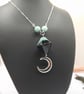 Blue Black Agate Pendant Necklace With Aventurine Beads And Crescent Moon Charm