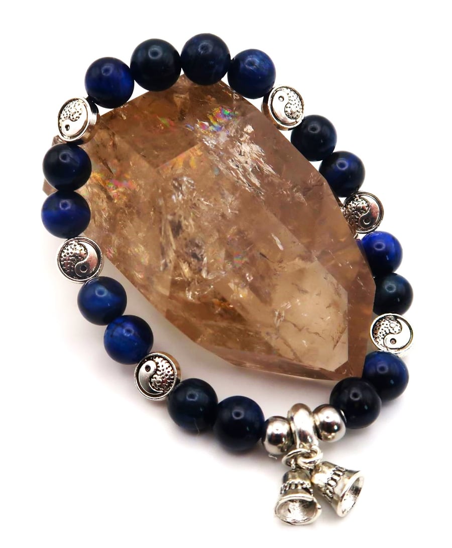 Dark Blue Tigers Eye Ying and Yang Stretch Bracelet with Bell Charm. Free UK P&P