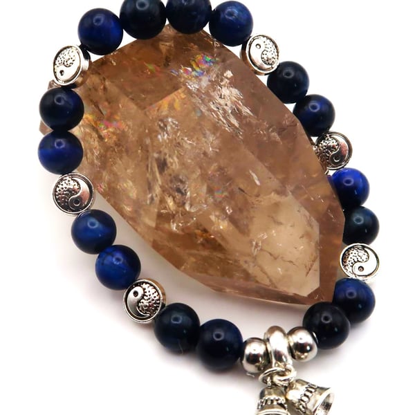 Dark Blue Tigers Eye Ying and Yang Stretch Bracelet with Bell Charm. Free UK P&P