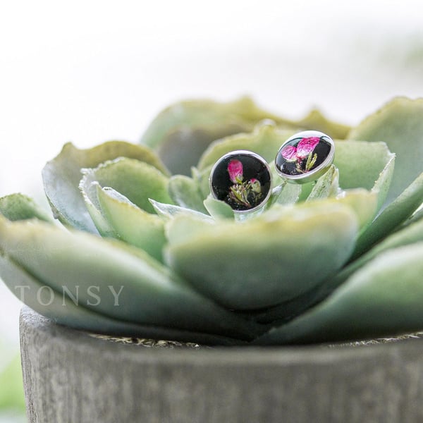 Tiny Real Flower Earrings Black Rose Earrings Heather Earrings Pressed Flower Ea