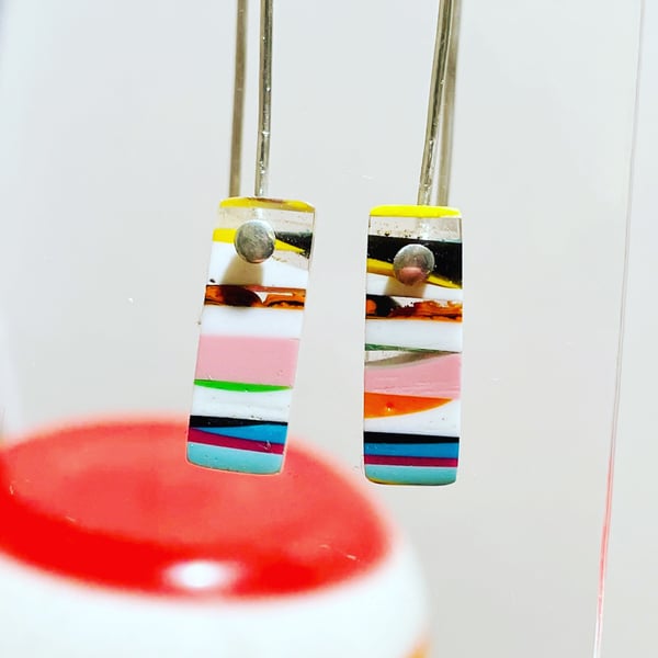 Layered dangle earrings. Handcarved multicoloured resin earrings