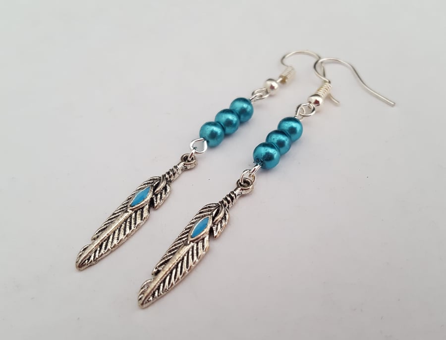 Turquoise and silver feather earrings