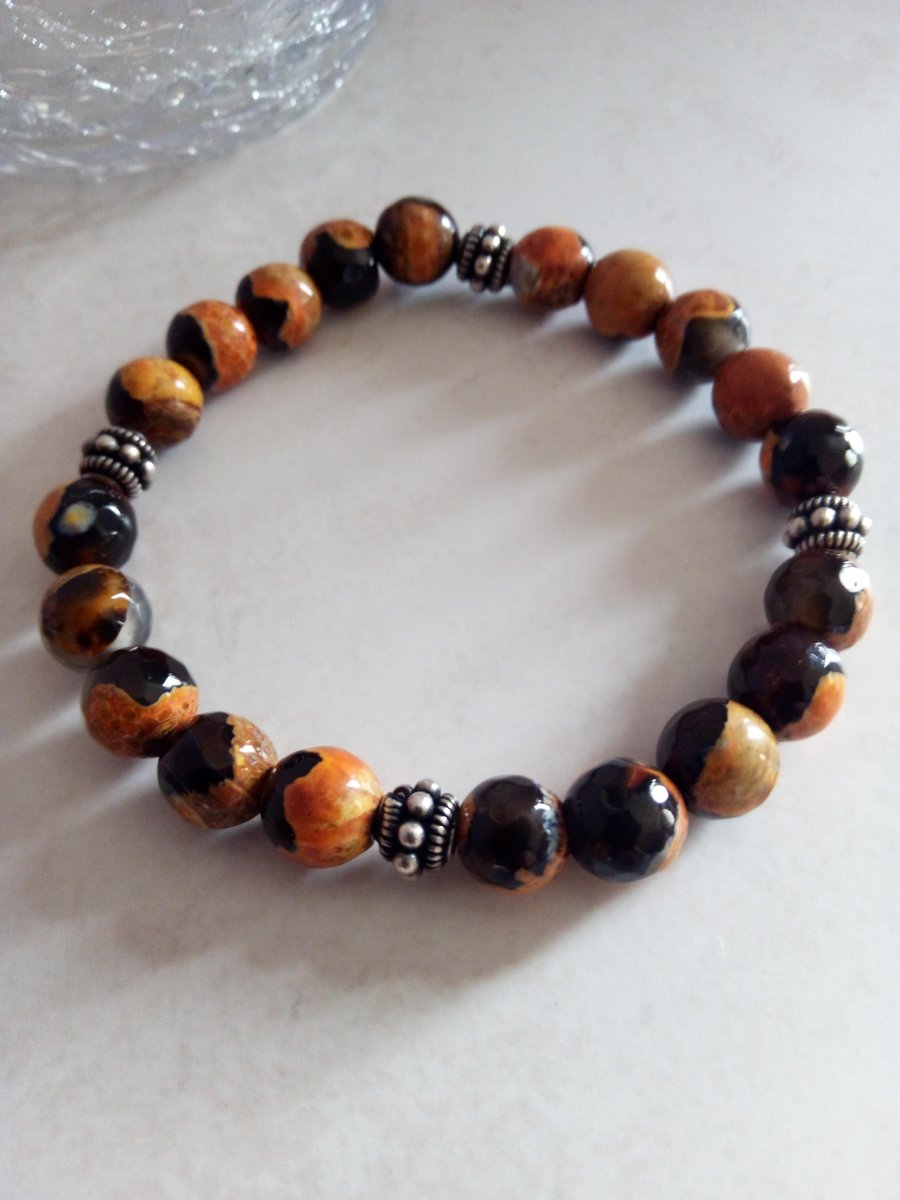 BLACK AND YELLOW FIRE AGATE STRETCHY BRACELET - FREE SHIPPING