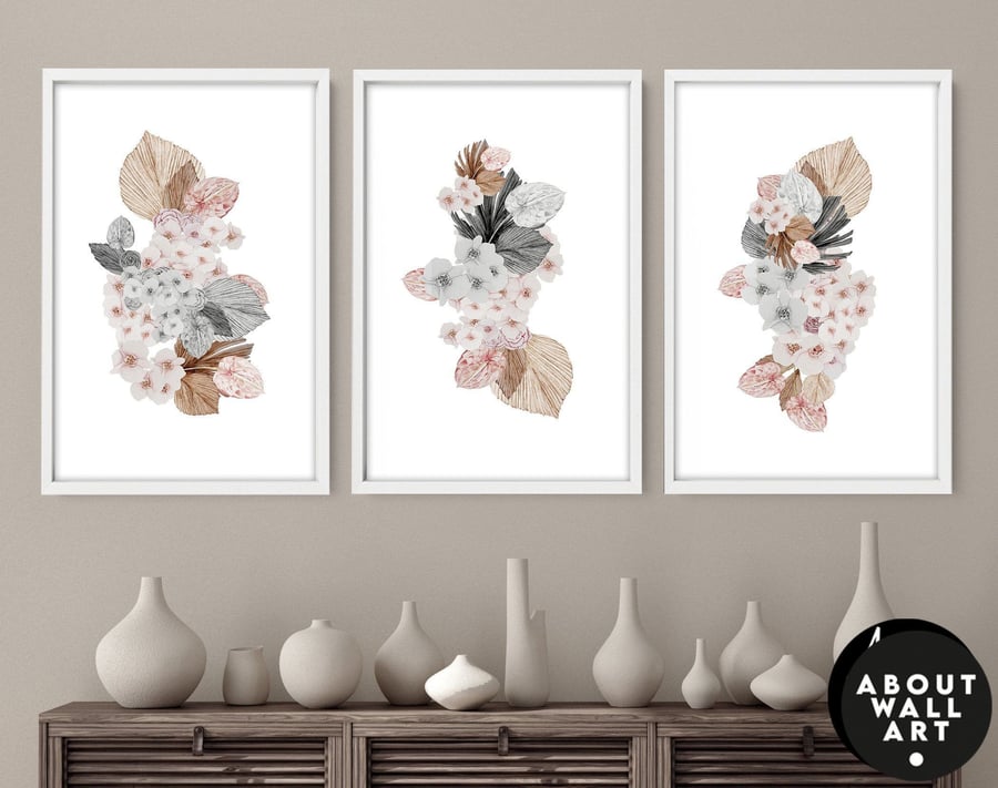 Home Decor Wall Art, Botanical Floral Set of 3 Posters, Minimalist Farmhouse Wal