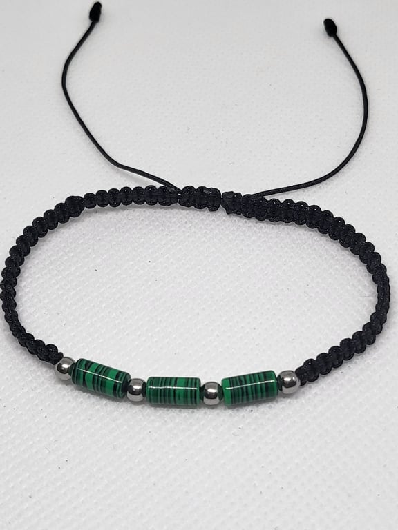 Men's Green Malachite Bracelet Adjustable Black Nylon Cord Stainless Steel