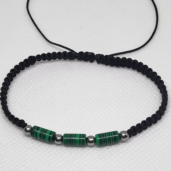 Men's Green Malachite Bracelet Adjustable Black Nylon Cord Stainless Steel