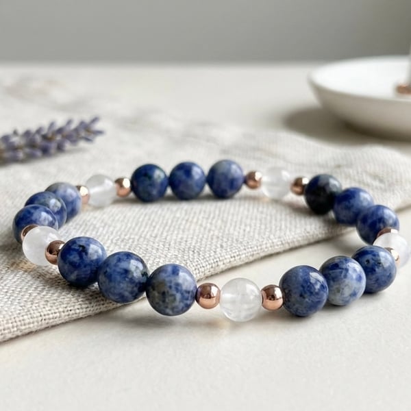 Sodalite, Clear Quartz and Rose Gold Hematite Handmade Bracelet