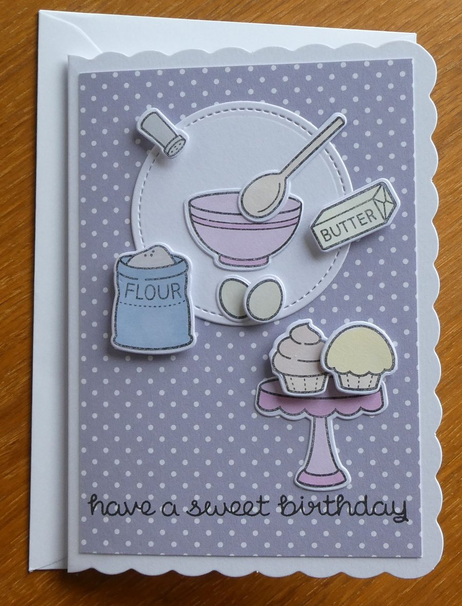 Have a Sweet Birthday Card - Pink Mixing Bowl & Cup Cakes