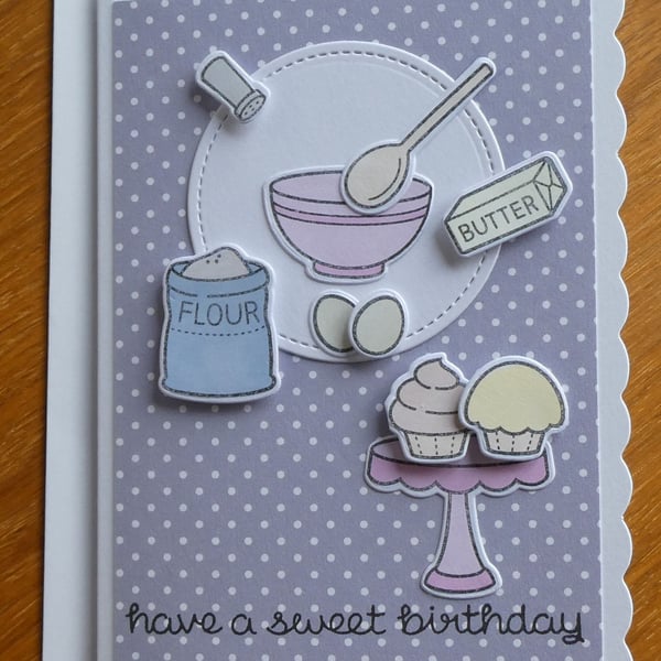 Have a Sweet Birthday Card - Pink Mixing Bowl & Cup Cakes