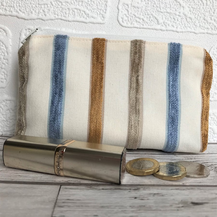 Large purse, coin purse in pale cream with textured stripes in blue and beige