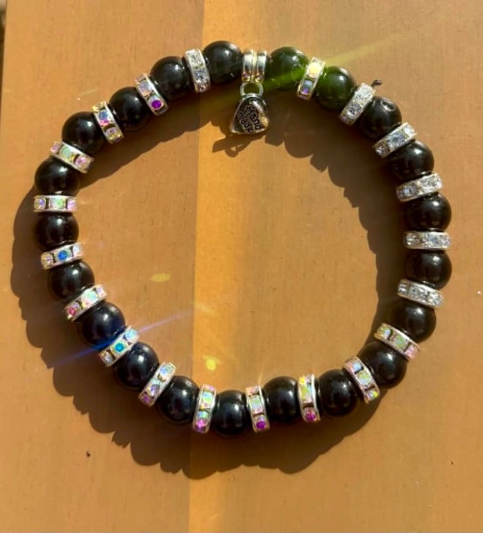 Handmade Black Beaded Bracelet with Sparkly Silver-Tone Spacers