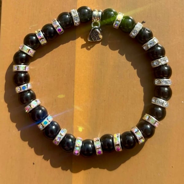 Handmade Black Beaded Bracelet with Sparkly Silver-Tone Spacers