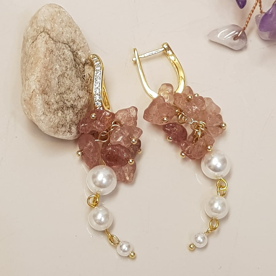 Drop earrings with natural rose quartz and pearl beads, handmade dangle earrings