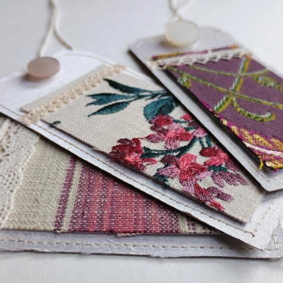 3 Gift Tags - plum vintage silk and lace, reclaimed curtain textiles 
