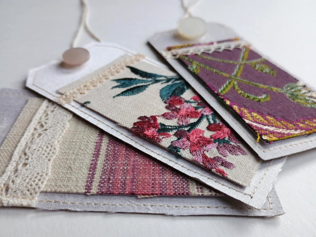 3 Gift Tags - plum vintage silk and lace, reclaimed curtain textiles 
