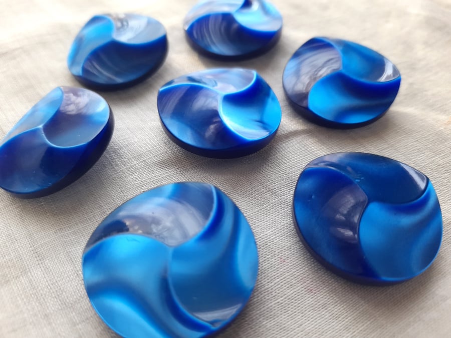 Vintage bright blue 29mm buttons, with raised design and back loop shank