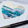 Embroidered up-cycled fabric seascape heart Art Card.