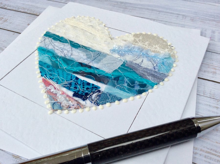 Embroidered up-cycled fabric seascape heart Art Card.