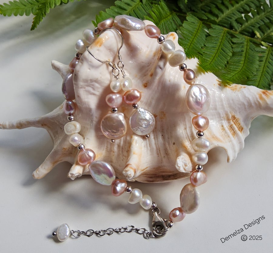 Baroque Culture Pearl Bracelet & Earrings Set Sterling Silver 