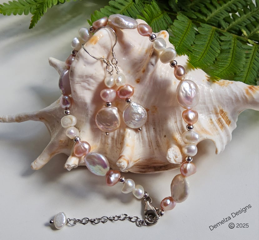 Baroque Culture Pearl Bracelet & Earrings Set Sterling Silver 