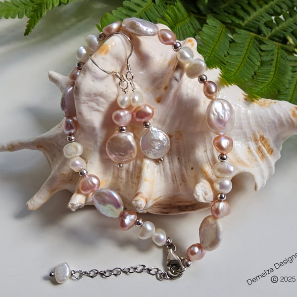 Baroque Culture Pearl Bracelet & Earrings Set Sterling Silver 