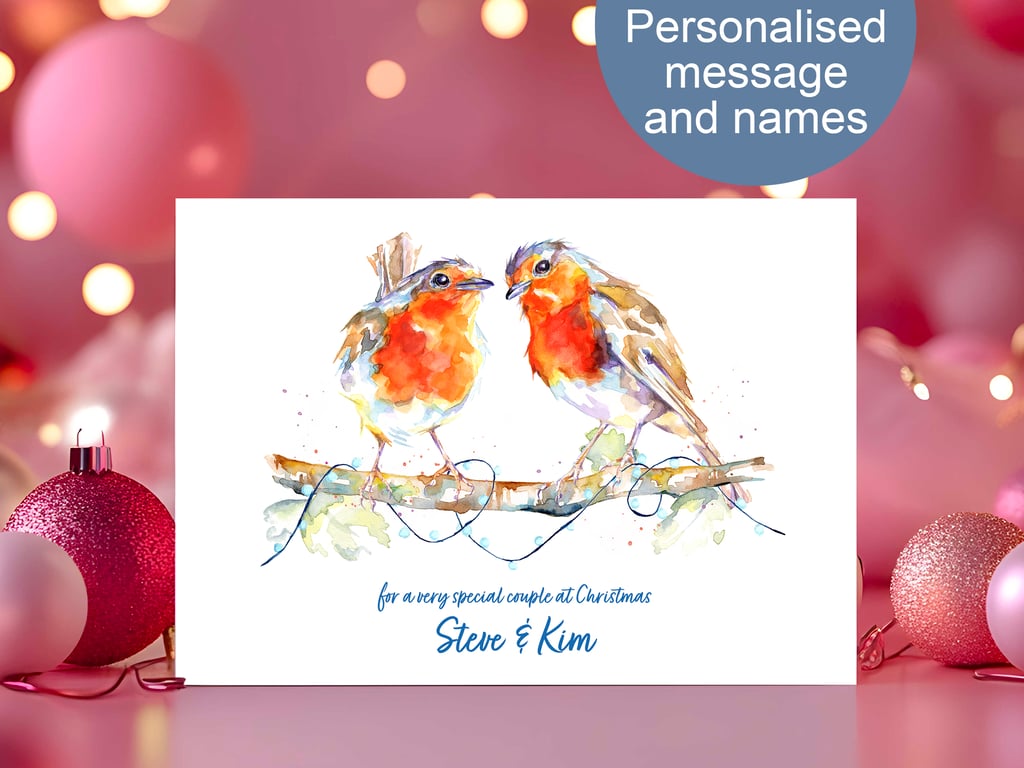 Robin Love Christmas Card, personalised message and names, 2 sizes