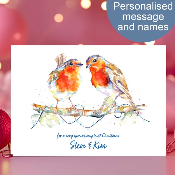 Robin Love Christmas Card, personalised message and names, 2 sizes