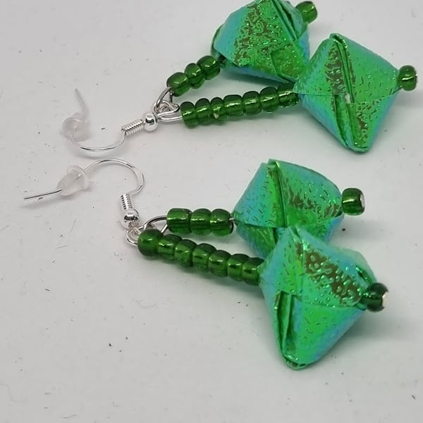 Origami earrings:  green iridescent paper and small beads 