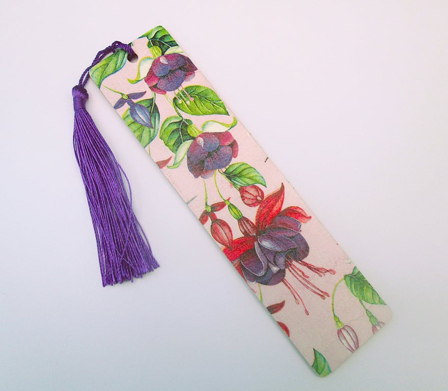 Fuchsia flowers wood decoupage bookmark with tassel