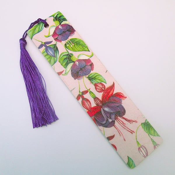 Fuchsia flowers wood decoupage bookmark with tassel