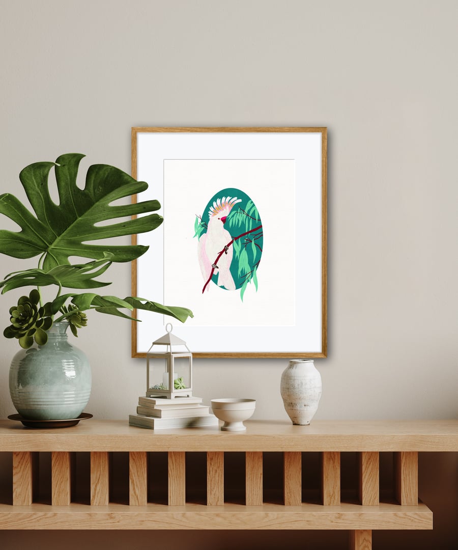 Cockatoo Tropical Bird Illustration Art Print - Plain background