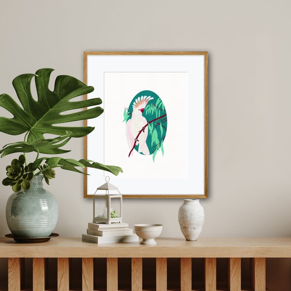 Cockatoo Tropical Bird Illustration Art Print - Plain background