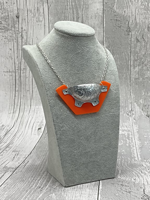 Recycled Aluminium Drink Can Metal Cog Design, Orange Acrylic Shape Necklac