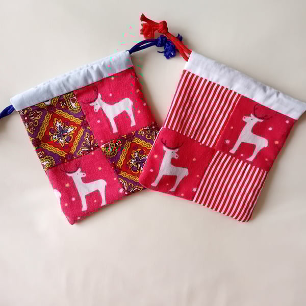 Christmas patchwork gift bag. Handmade drawstring bag with reindeer, 2 designs.