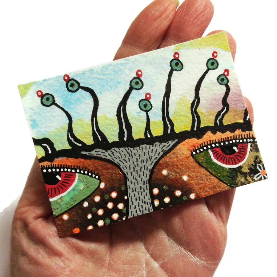 ACEO Abstract Eyes Painting Miniature Weird Tiny Surreal Mixed Media Artwork