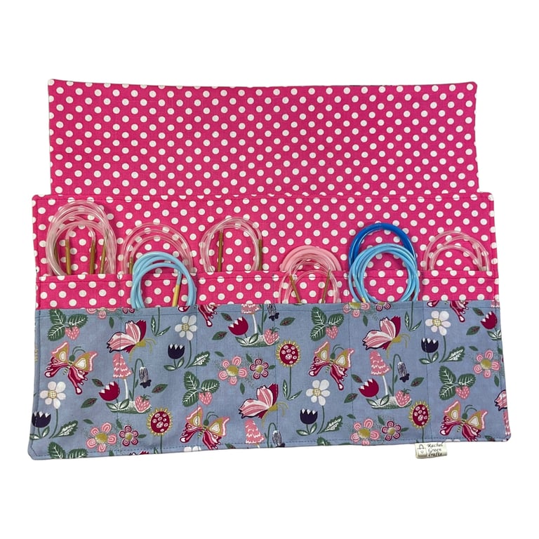 Circular knitting needle case with butterflies and floral strawberry print