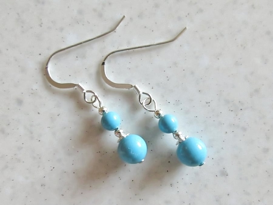 Turquoise Blue Pearls & Sterling Silver Short Drop Earrings