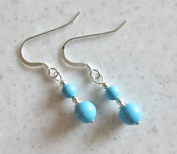 Turquoise Blue Pearls & Sterling Silver Short Drop Earrings