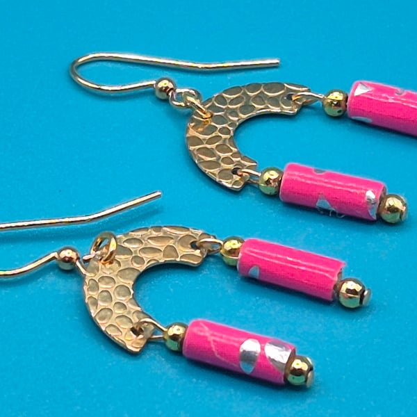 Fuschia pink Paper beaded earrings on golden finding