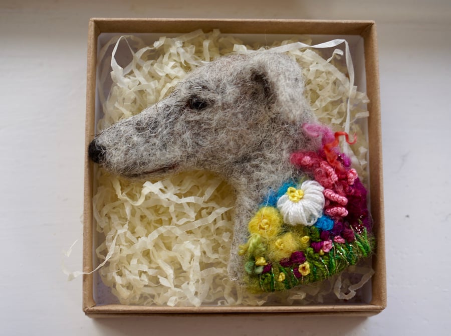 Needle Felted Whippet lurcher Brooch