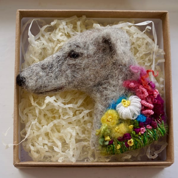 Needle Felted Whippet lurcher Brooch