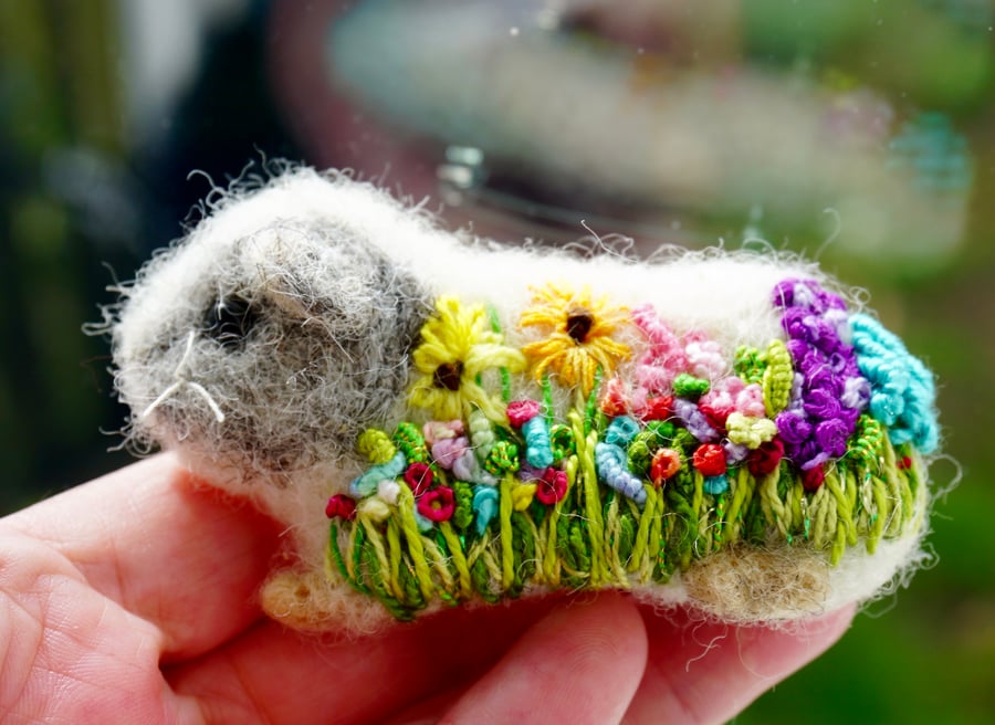 Felted and Embroidered Guinea Pig Brooch