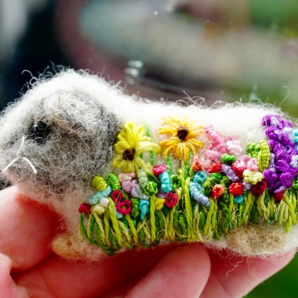 Felted and Embroidered Guinea Pig Brooch