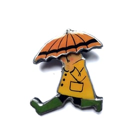 Running Yellow Raincoat Figure with Umbrella Statement Brooch by EllyMental
