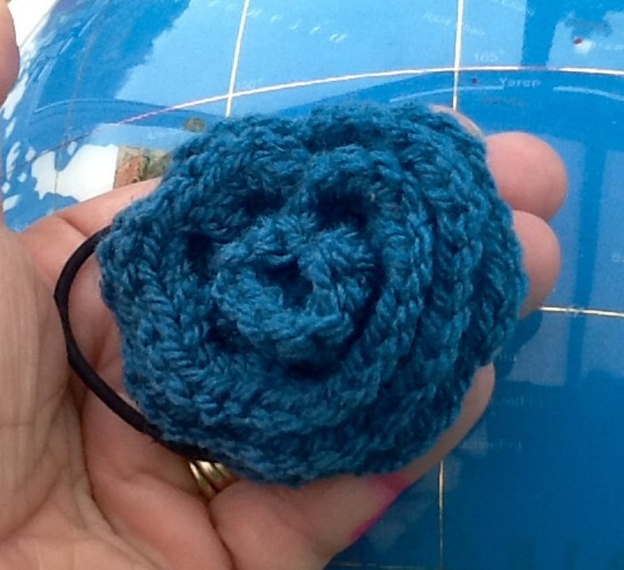 Teal Green Blue Rose Crocheted Hair Accessory, with integrated elastic.