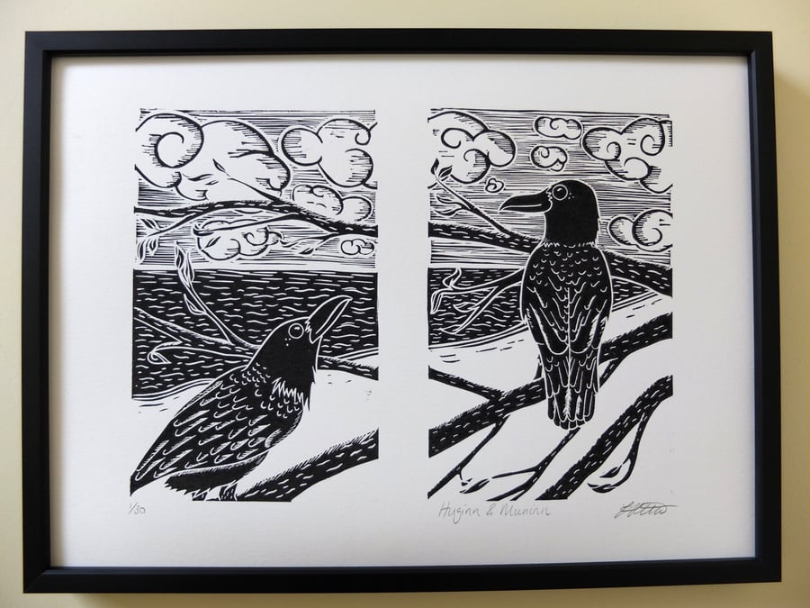 SALE "Huginn & Muninn" Crow Lino Print 