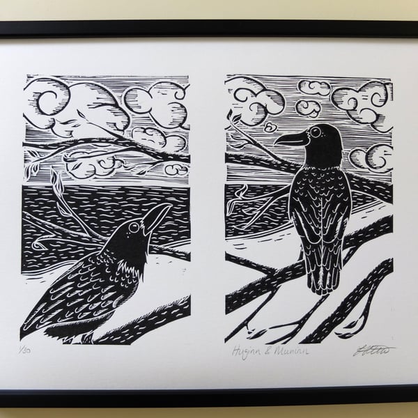 SALE "Huginn & Muninn" Crow Lino Print 